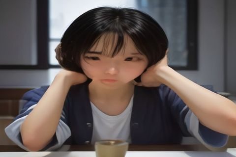 她唇之下配角形象意象，充当两位主角关系催化剂的第三人，中性气质，眼神温柔但带着洞察，背景为咖啡馆温暖氛围